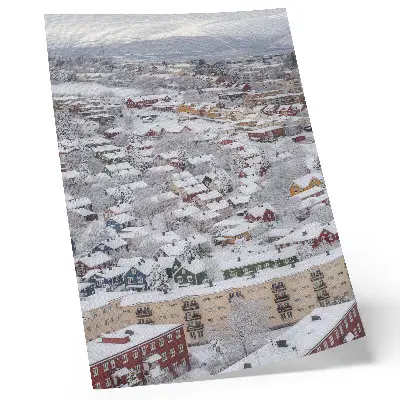 Decorative poster featuring colorful houses in snowy mountains with a nature-inspired theme