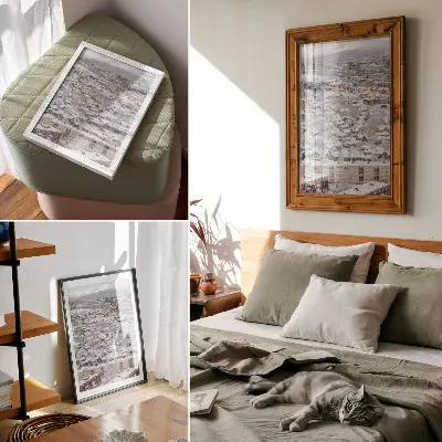 Decorative poster featuring colorful houses in snowy mountains with a nature-inspired theme