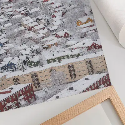 Decorative poster featuring colorful houses in snowy mountains with a nature-inspired theme