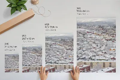 Decorative poster featuring colorful houses in snowy mountains with a nature-inspired theme