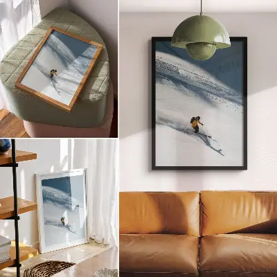Poster skier in a yellow jacket on a snowy slope with shadow