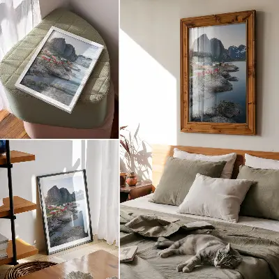 Premium wall art seaside cottages with mountain landscape and nature scenery