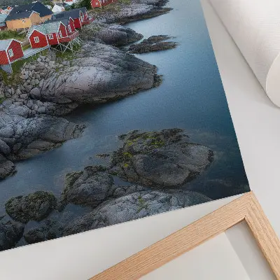 Premium wall art seaside cottages with mountain landscape and nature scenery