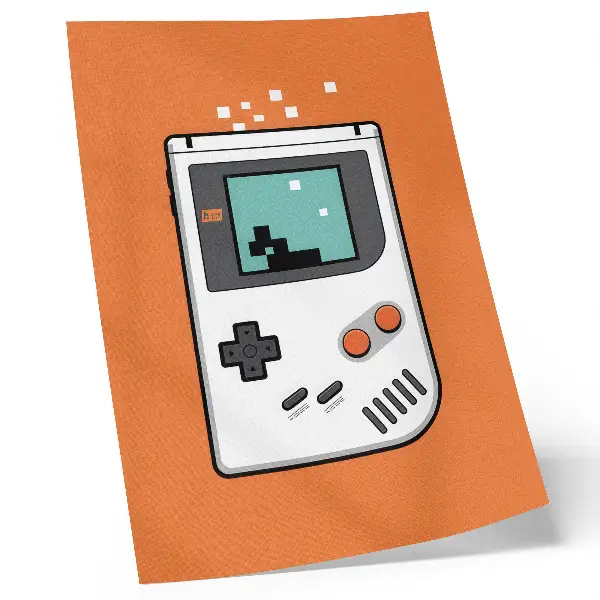 Decorative poster featuring a retro pixel console screen on an orange background