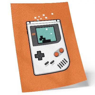 Decorative poster featuring a retro pixel console screen on an orange background