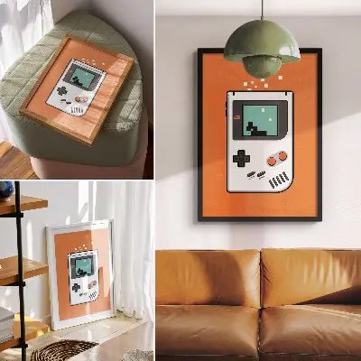 Decorative poster featuring a retro pixel console screen on an orange background