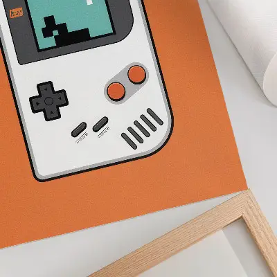 Decorative poster featuring a retro pixel console screen on an orange background