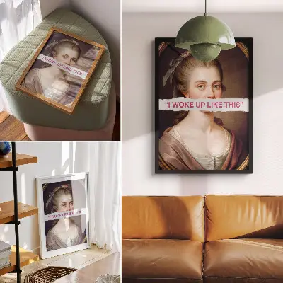 Portrait of a woman playing with typography poster classic