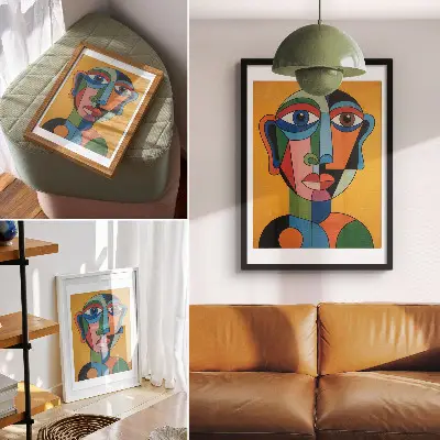 Premium wall art geometric portrait in vibrant colors with a modern style