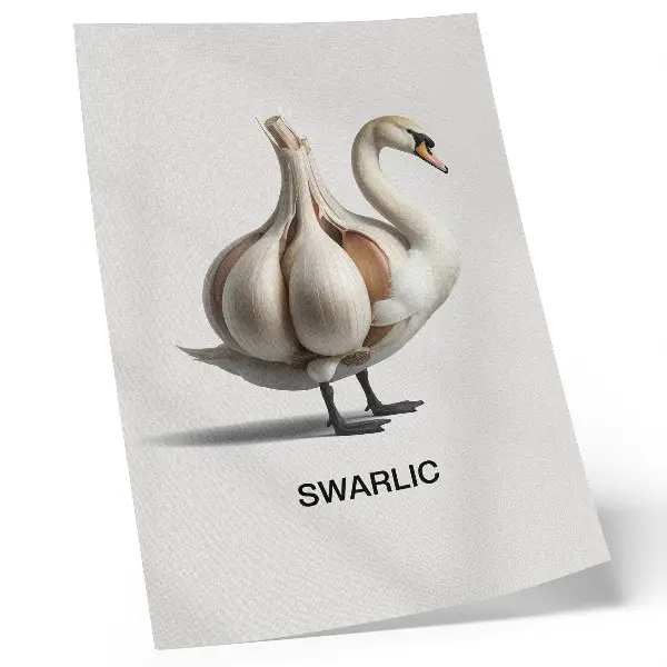 Swan and garlic surrealist wall art premium canvas print