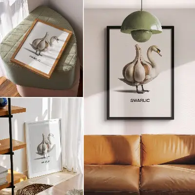 Swan and garlic surrealist wall art premium canvas print