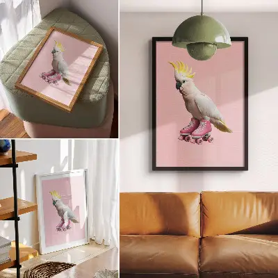 Decorative poster a parrot on roller skates in pastel colors with a modern style