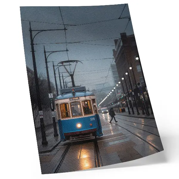 Blue tram rainy day city life wall art premium print