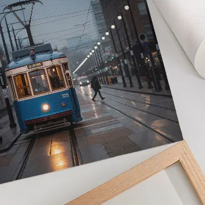 Blue tram rainy day city life wall art premium print