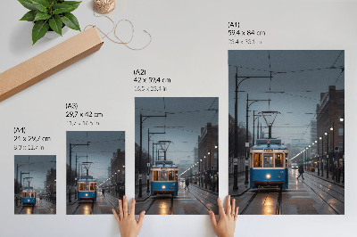 Premium wall art Blue tram rainy day city life