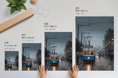Blue tram rainy day city life wall art premium print