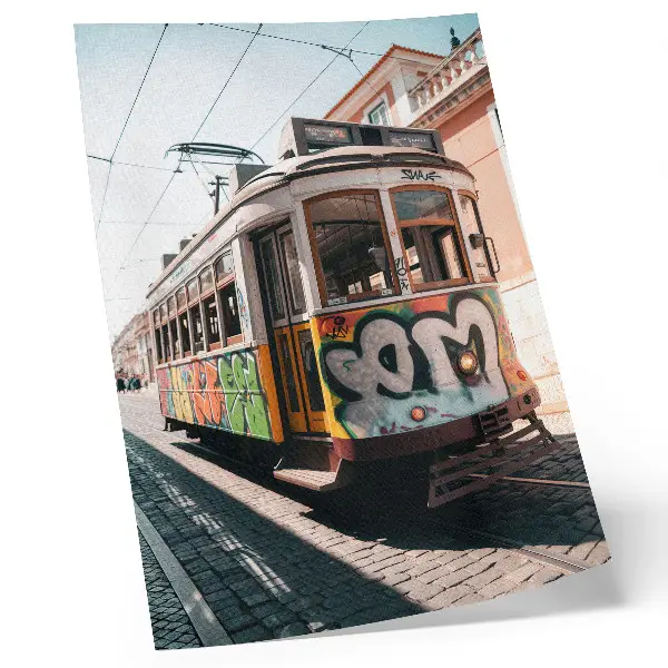 Decorative poster featuring tram graffiti and urban street architecture