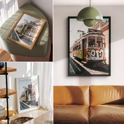 Decorative poster featuring tram graffiti and urban street architecture