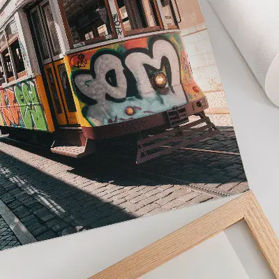 Decorative poster featuring tram graffiti and urban street architecture