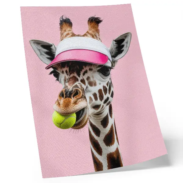 Art print funny giraffe wearing a cap with a tennis ball