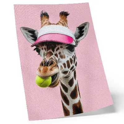 Art print funny giraffe wearing a cap with a tennis ball