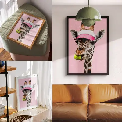 Art print funny giraffe wearing a cap with a tennis ball