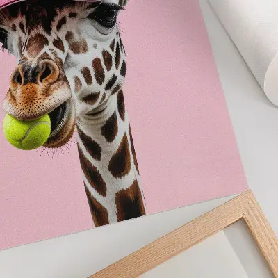 Art print funny giraffe wearing a cap with a tennis ball