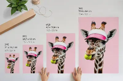 Art print funny giraffe wearing a cap with a tennis ball