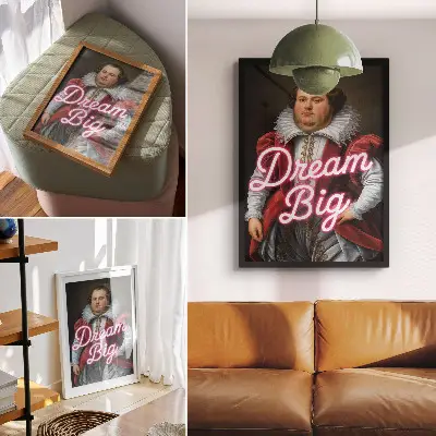 Premium wall art historical portrait with a modern neon inscription contrast
