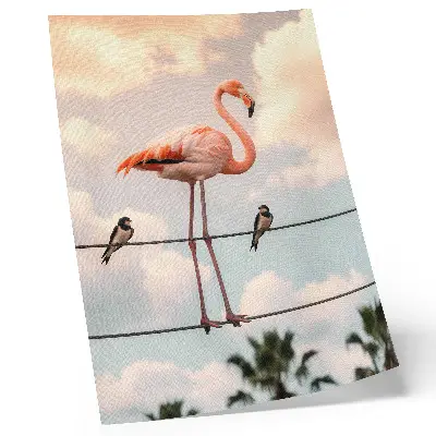 Decorative poster with flamingo sky, clouds, and swallows design
