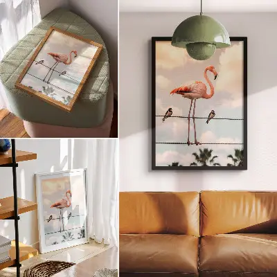 Decorative poster with flamingo sky, clouds, and swallows design