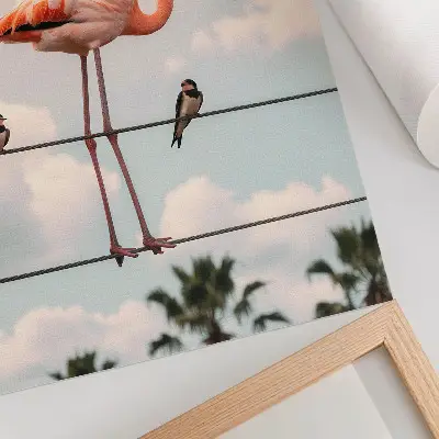 Decorative poster with flamingo sky, clouds, and swallows design