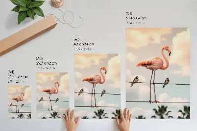 Decorative poster with flamingo sky, clouds, and swallows design