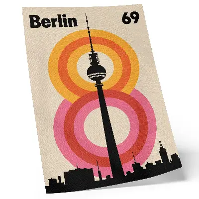 Decorative poster retro atmosphere tower with colorful circular rings