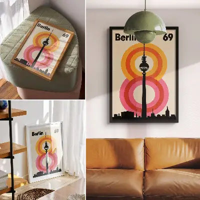 Decorative poster retro atmosphere tower with colorful circular rings