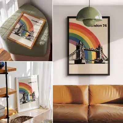 Poster iconic bridge with black silhouette and rainbow