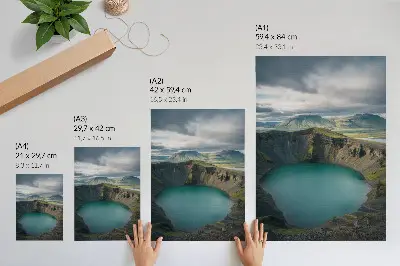 Decorative poster featuring a turquoise lake with mountain and cloud scenery