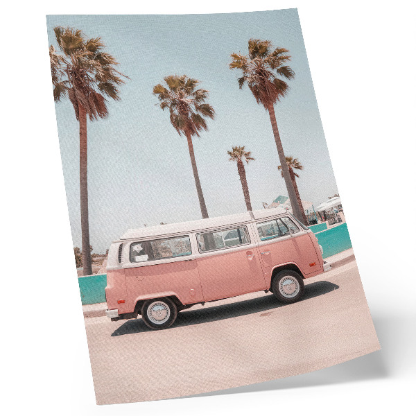 Premium wall art Pink car, blue sky, tall palm trees