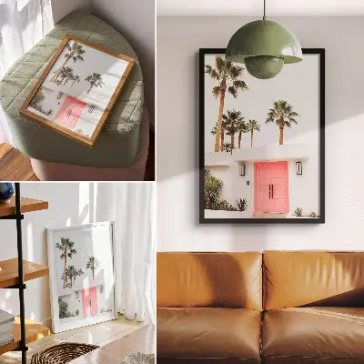 Poster palm trees with modern architecture in vivid colors
