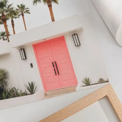 Poster palm trees with modern architecture in vivid colors