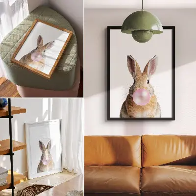 Rabbit animal wall art with pink bubble gum