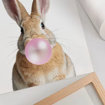 Rabbit animal wall art with pink bubble gum