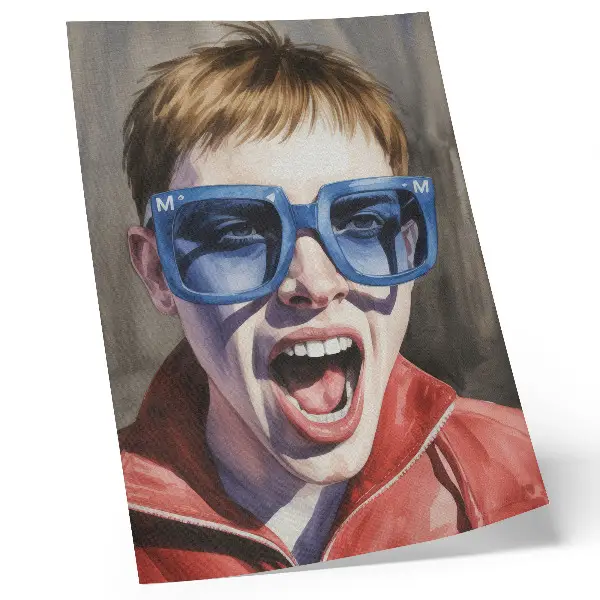 Art print portrait of a person wearing glasses in vivid colors expressing strong emotions
