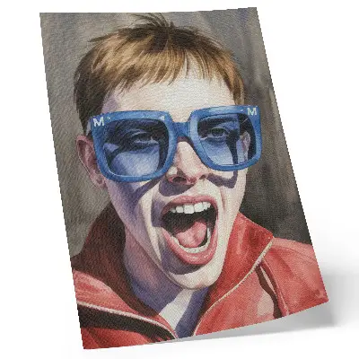 Art print portrait of a person wearing glasses in vivid colors expressing strong emotions