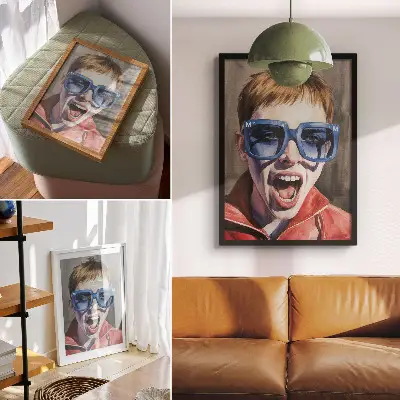 Art print portrait of a person wearing glasses in vivid colors expressing strong emotions