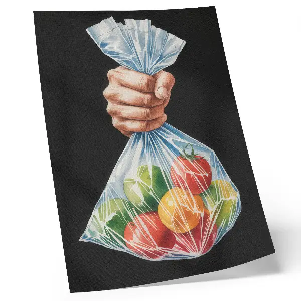 Premium wall art a hand holding a plastic bag filled with colorful fruit