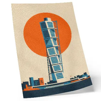 Poster orange sun with modern skyscraper and geometric shapes