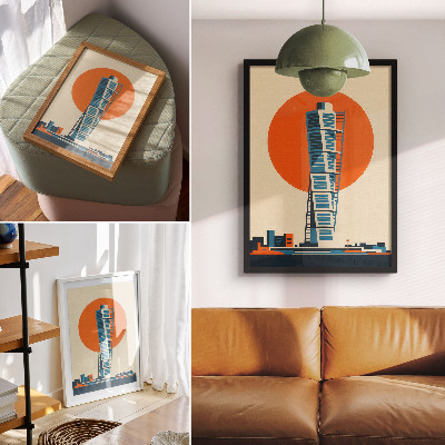 Poster Orange sun modern skyscraper geometric shapes