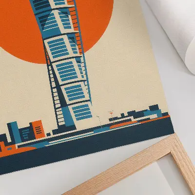 Poster orange sun with modern skyscraper and geometric shapes