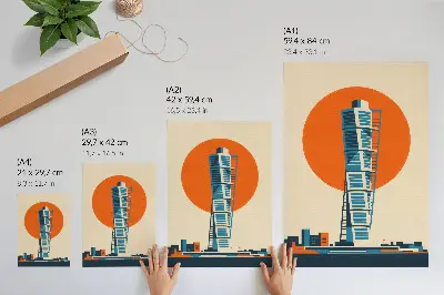 Poster orange sun with modern skyscraper and geometric shapes